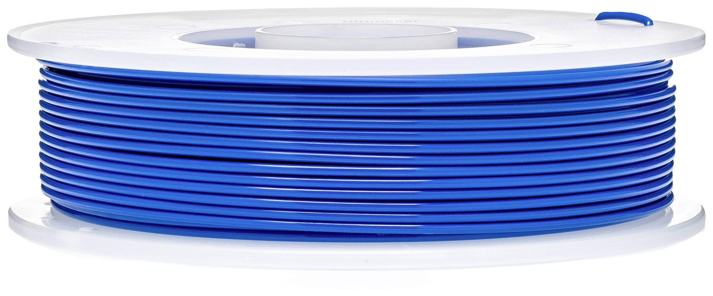A large spool of blue 3D printer filament.