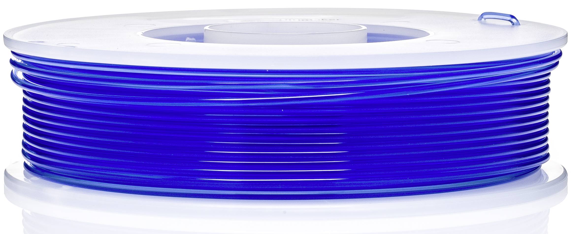Blue spool with 3D printing filament wound around a white spool base in a transparent plastic sleeve.