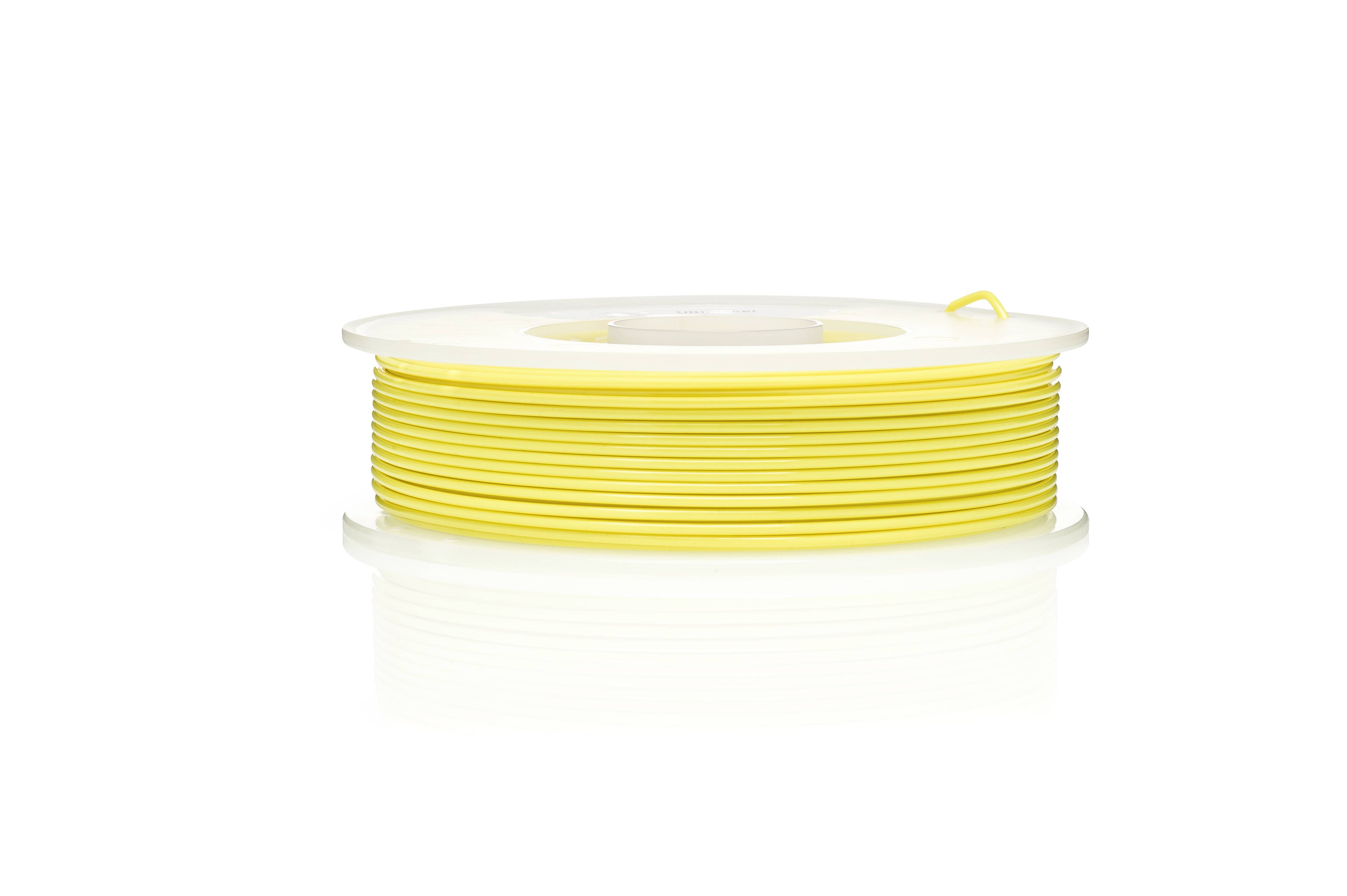 Yellow 3D printing filament reel with white border against a white background.