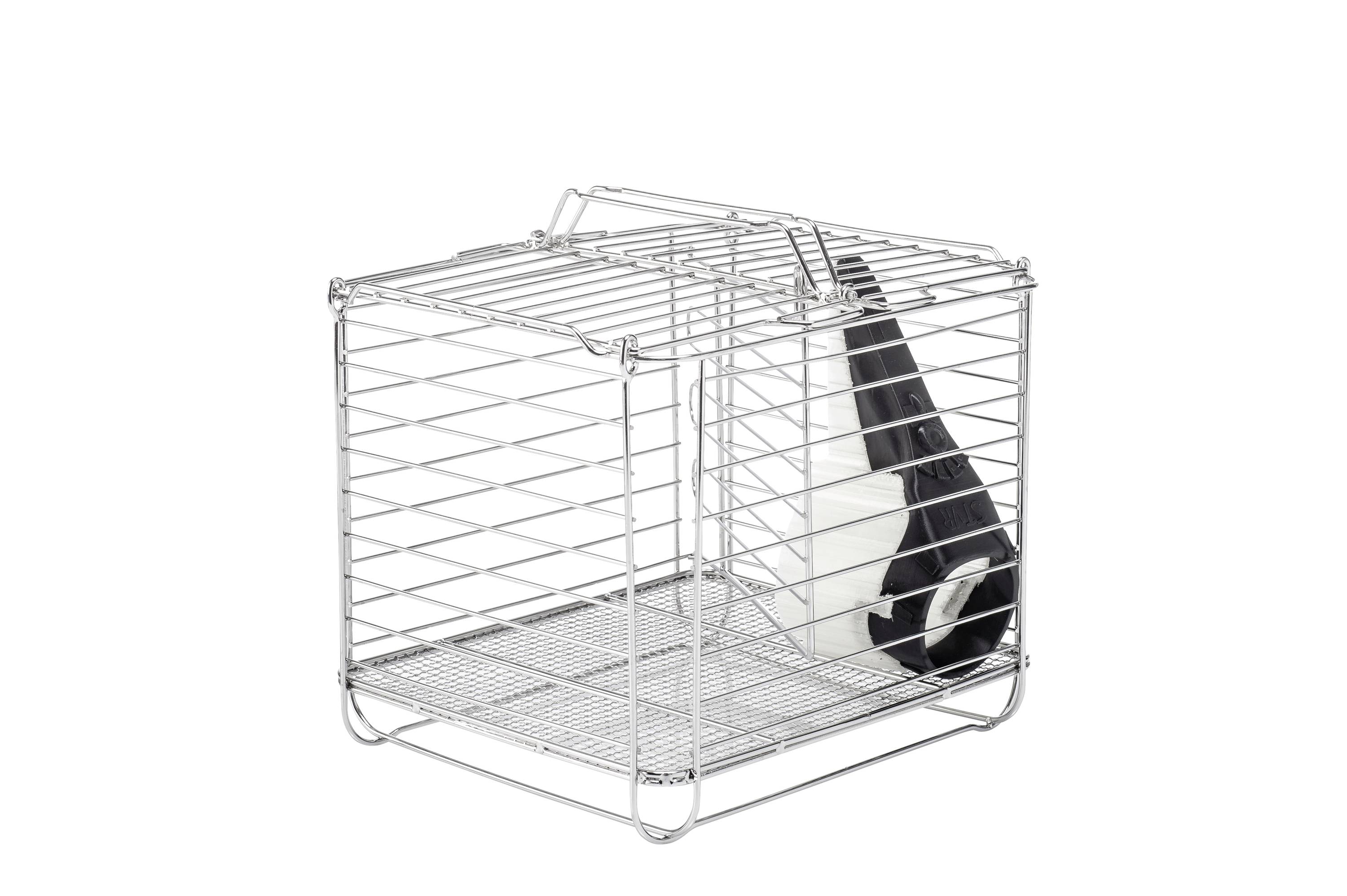 A rectangular metal cage with wire mesh structure stands upright; inside it is a black and white object.