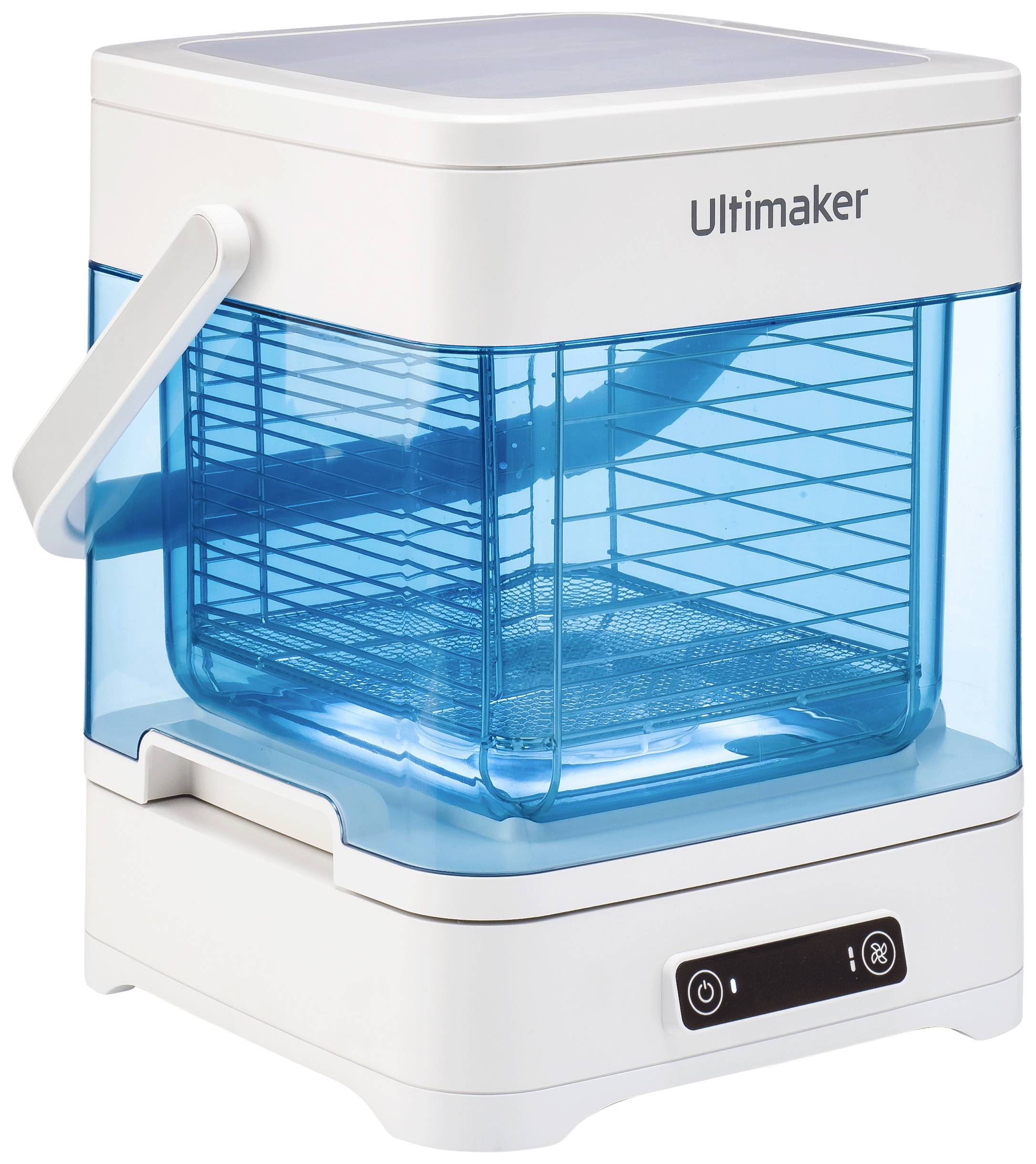 A white technical device with a blue transparent cover and carrying handle. Switches and brand logo visible at the front.