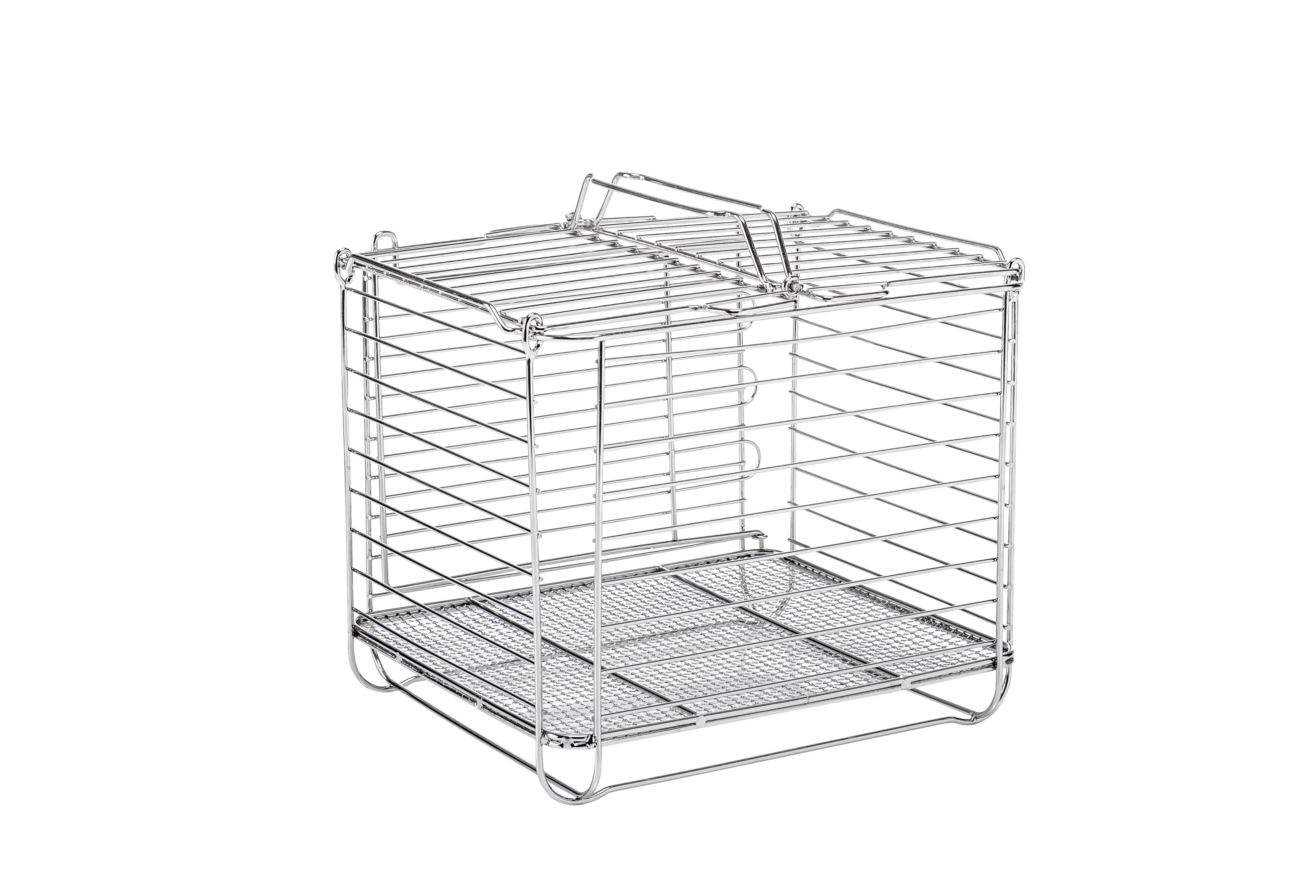 An empty, silver metal cage with a latticed lid and handles, stands alone on a white background.