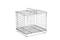 An empty, silver metal cage with a latticed lid and handles, stands alone on a white background.