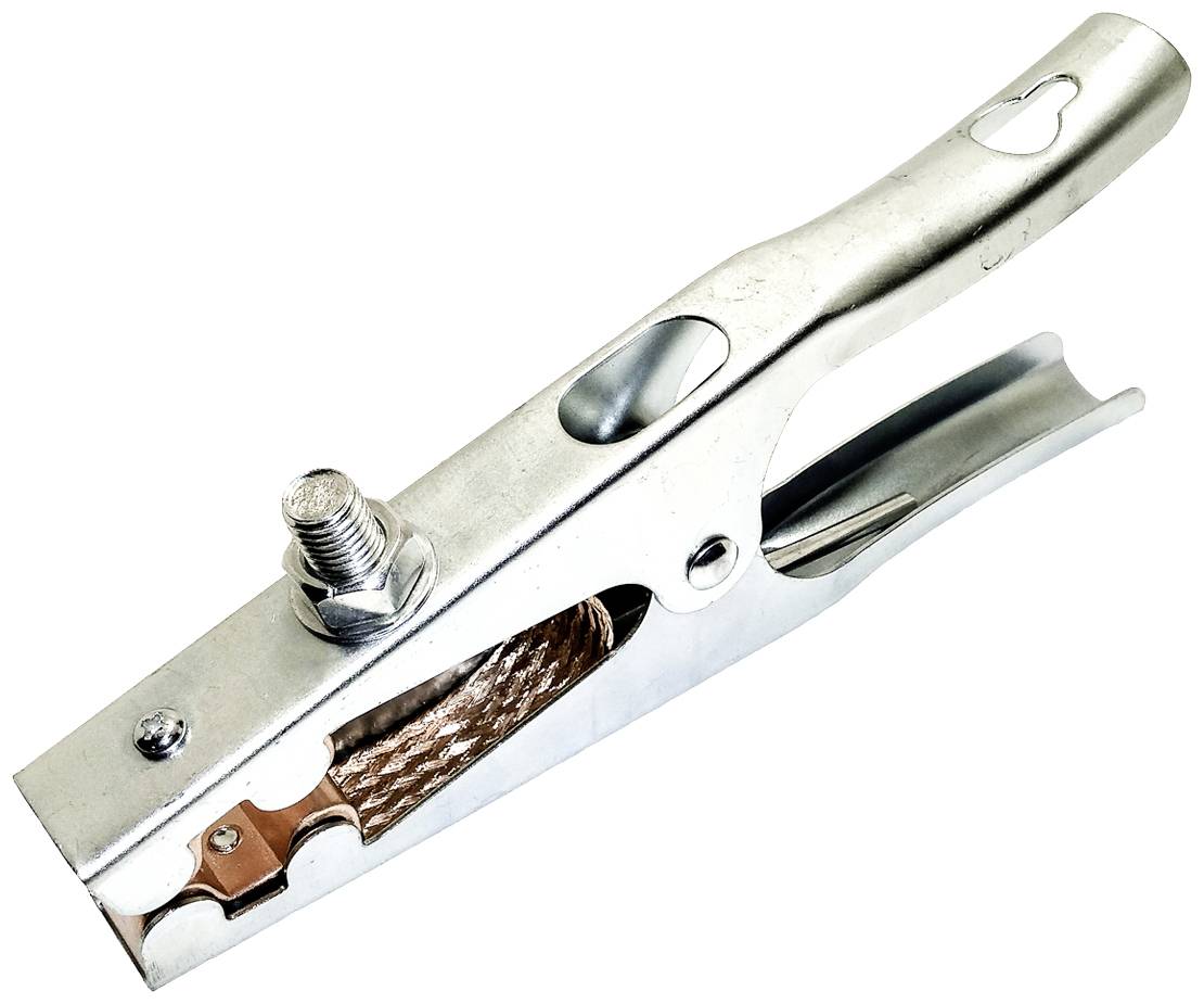 Large silver crocodile clip with visible copper connection, primarily used for electrical applications.