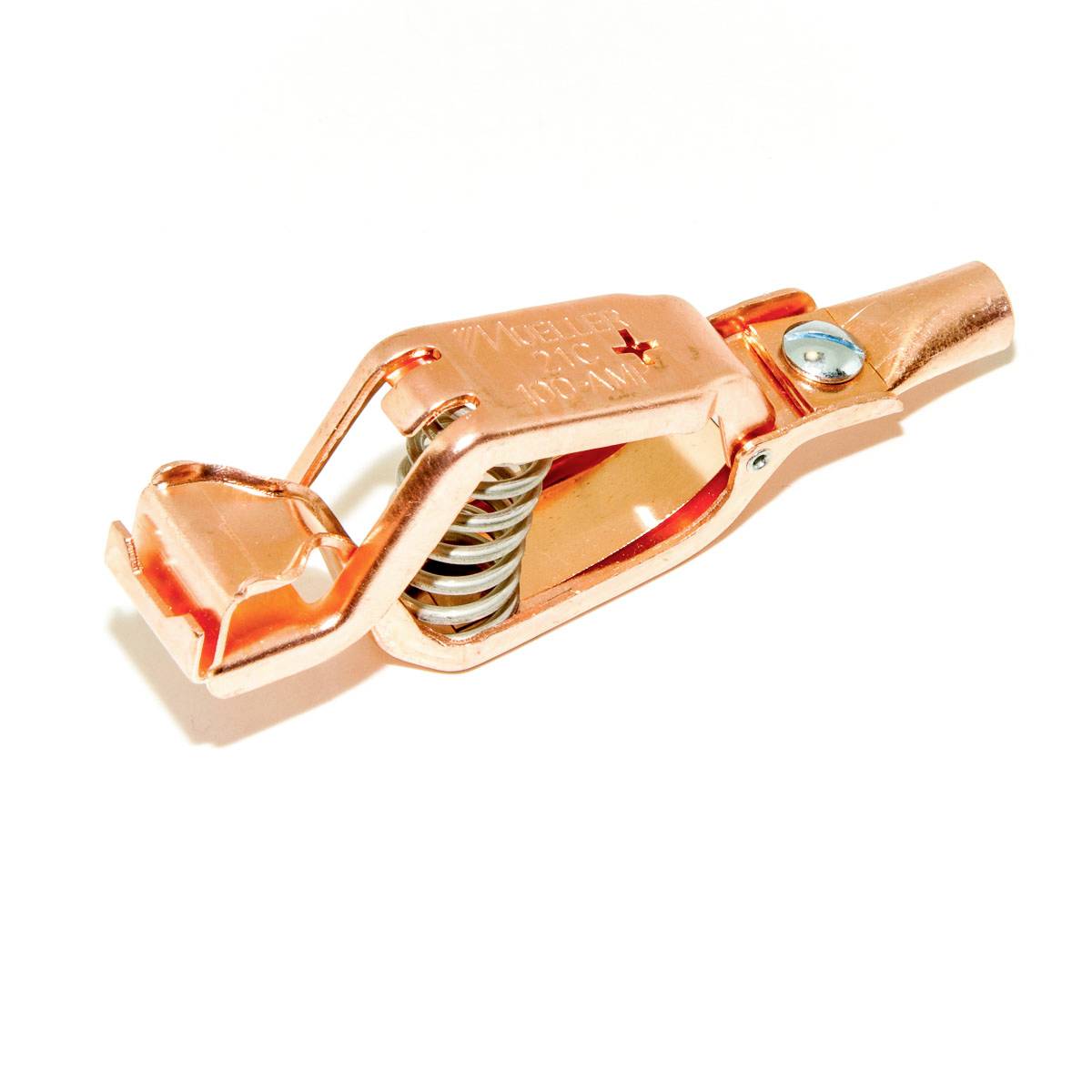 Copper cable clamp with spring mechanism on a white background. Used for electrical connections or earthing.