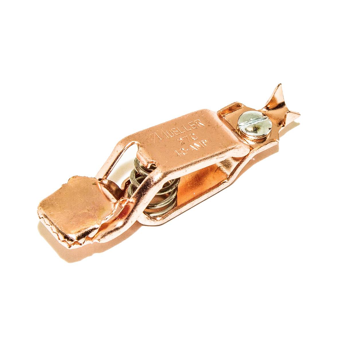 Copper-coloured battery terminal connector with engraved name and dimensions. Used for electrical connections.