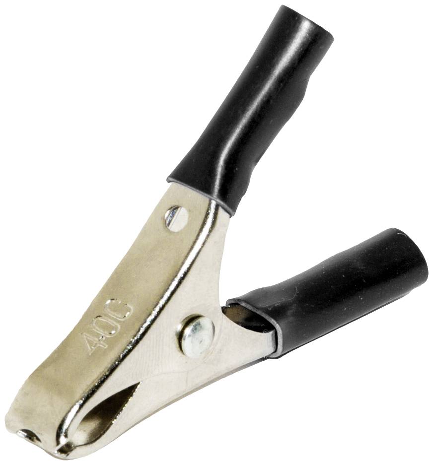 Metal crocodile clip with black plastic handle, open. Used for connecting electrical contacts.