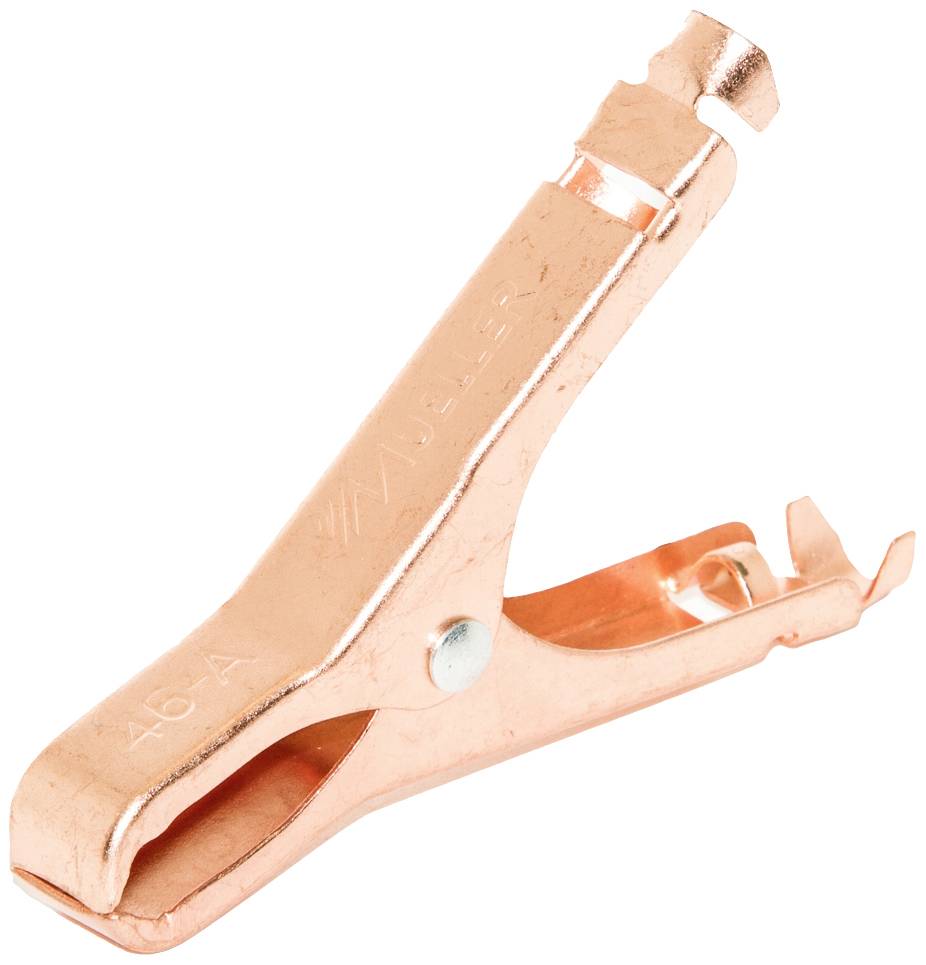 Copper-coloured metal battery terminal, closed. Used for connecting batteries or electrical devices.