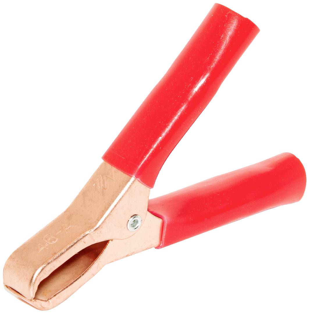 Red crocodile clip with copper contact, commonly used for battery connections in electrical applications.<br><br>Note: This translation maintains the technical description while using British English terminology.