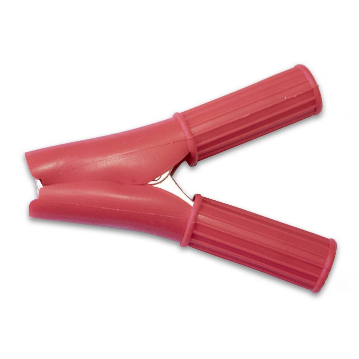 A red battery terminal clip is open and lying on a white background.