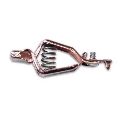 A rusty spring clip with a screw, used for securing objects.