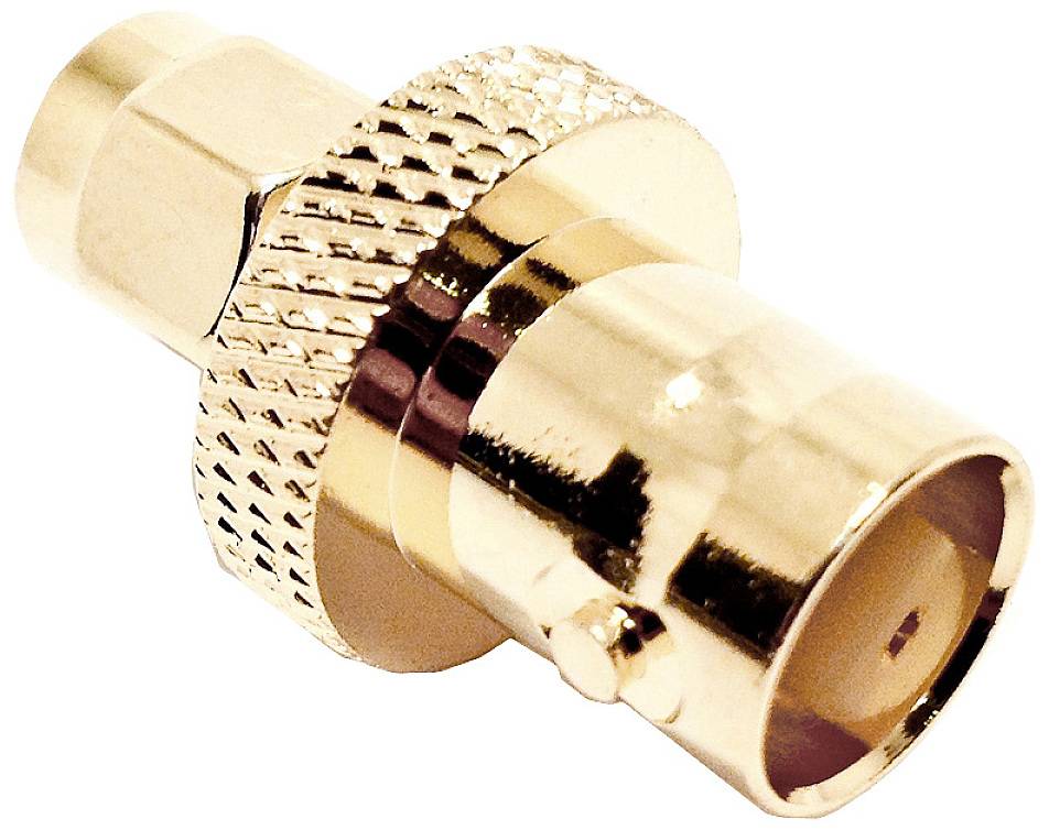 A gold-coloured coaxial adapter with a ridged design, consisting of two connected plugs. Suitable for electrical connections.