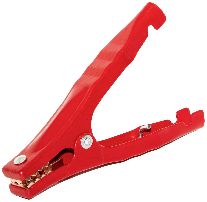 Red metal battery terminal with an insulated handle, open and ready to connect to battery poles.