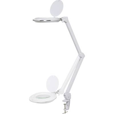 White LED magnifying lamp with adjustable arm and clamp for table mounting. Ideal for precision work or reading.