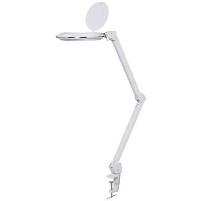 White desk lamp with adjustable arm and magnifying glass, secured with a clamp for flexible positioning on a table.