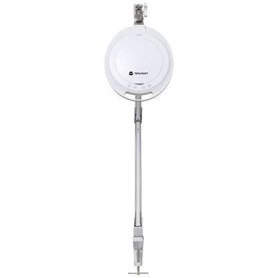 White, round smoke detector with pivoting arm and mounting bracket silhouette.