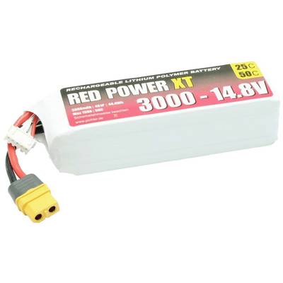Lithium-Polymer battery, labelled 'Red Power XT 3000 - 14.8V', fitted with a yellow connector and multiple cables.