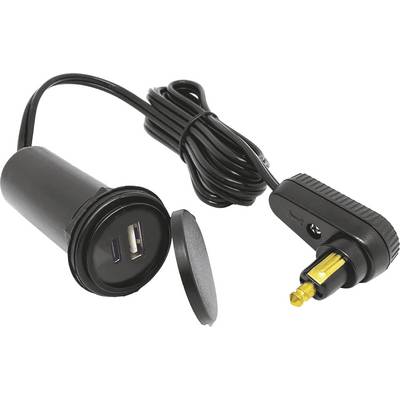 Cigarette lighter adapter with removable cover, two USB ports and long cable. Perfect for charging devices in the car.