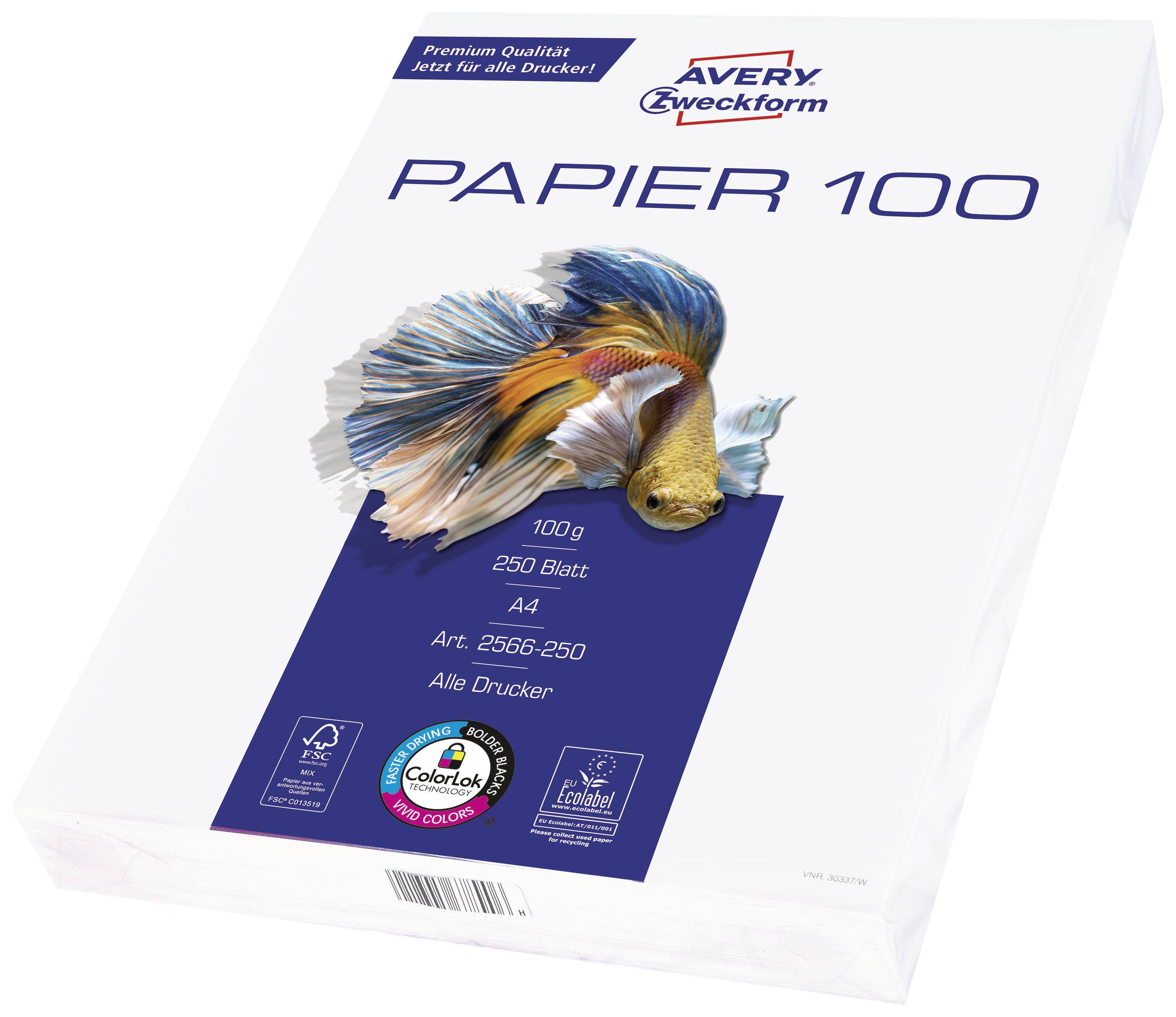 Avery-Zweckform Inkjet Paper Bright White 2566-250 250-piece set Universal printer/copier paper A4 100 g/m² 250 sheet Bright white