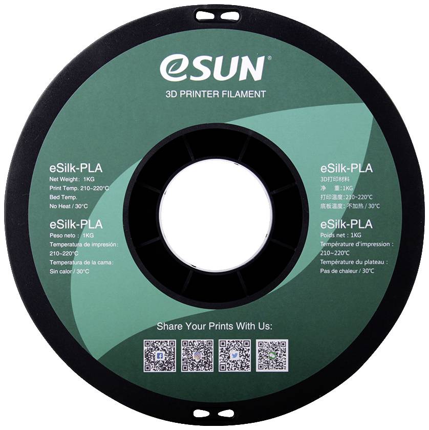 A roll of eSun 3D printer filament 'eSilk-PLA', net weight 1kg, recommended print temperature: 210-230°C, bed temperature: 25-60°C.