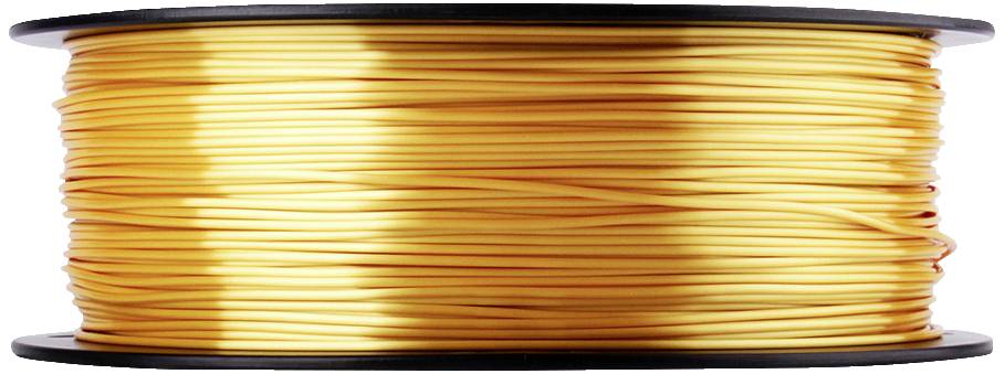 A reel of golden 3D printer filament, viewed from the side, shows the tightly wound threads on the spool.