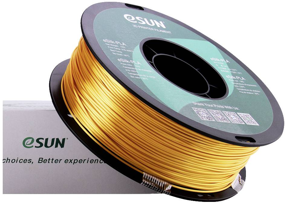 eSUN filament reel with orange 3D printing material. Text on box: 'More choices, Better experience'.