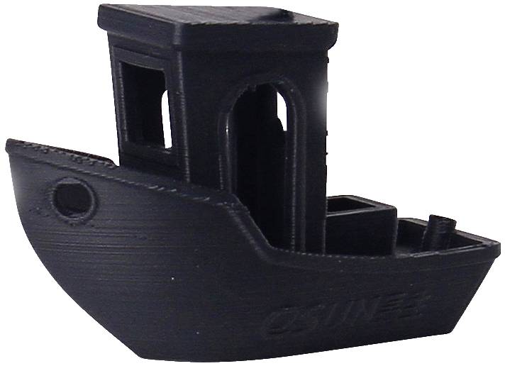 Black 3D-printed model of a small boat with visible details such as windows and lettering on the side.