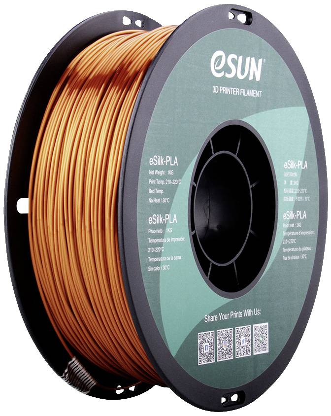 Spool of orange eSilk-PLA 3D printer filament, brand 'eSUN'. Contains technical details and QR codes on the label.