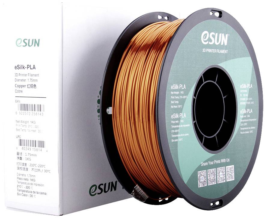 A copper-coloured eSilk-PLA 3D printer filament spool by the brand eSun, packaged in a white cardboard box.
