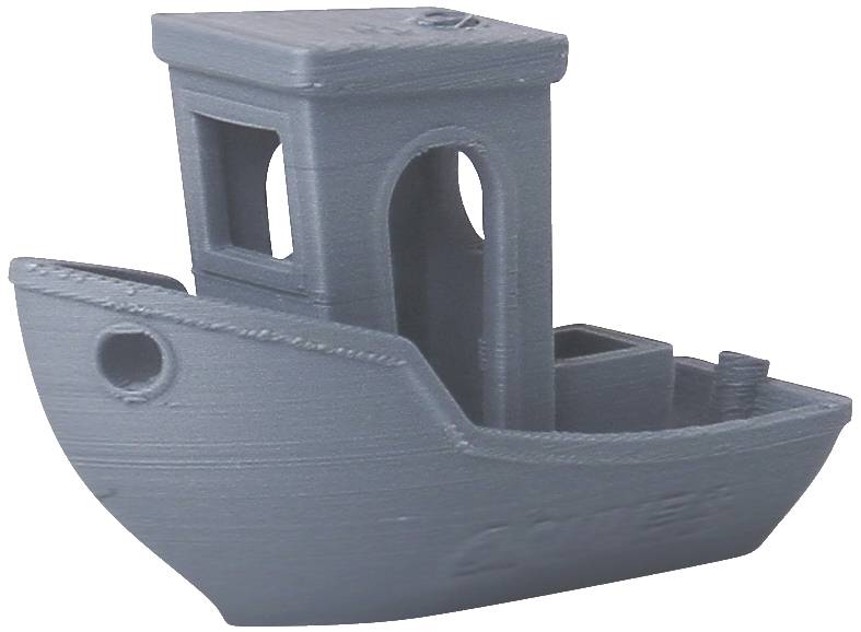 Grey, small 3D-printed model of a boat with a rectangular superstructure and windows.