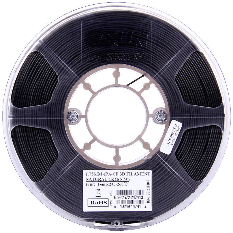 A black spool of 3D printer filament, labelled '1.75MM ePA-CF 3D FILAMENT, NATURAL,' weight 1kg, printing temperature 240-260°C.
