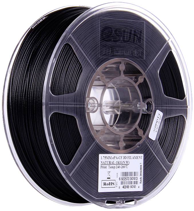 A roll of black 3D printing filament labelled '1.75MM PA+CF 3D FILAMENT NATURAL-1KG(NU). Print Temp: 240℃'.