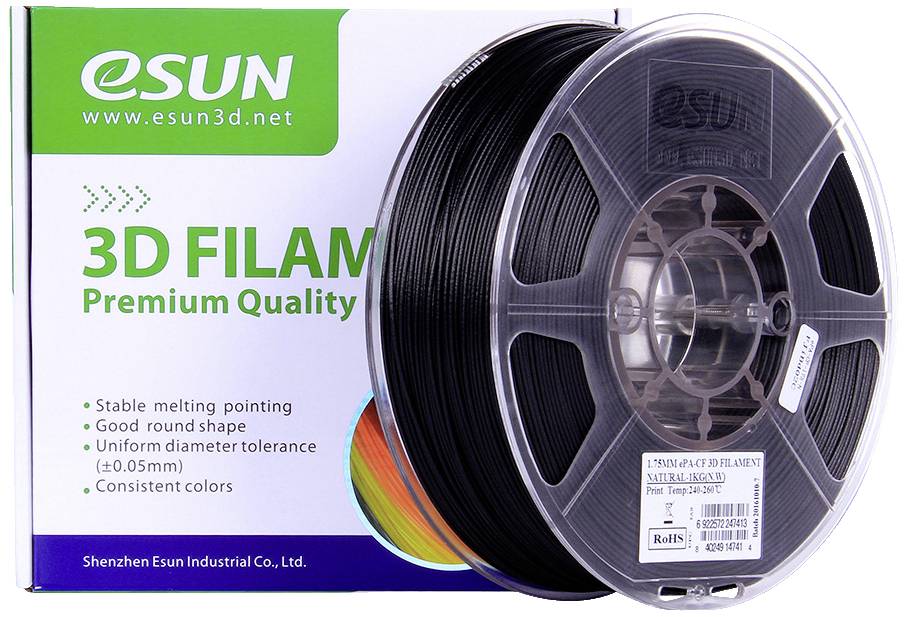 'Black 3D printer filament reel by eSUN in front of its packaging. Labelling: "Stable melting point, Good round shape, Uniform diameter tolerance (±0.05mm), Consistent colours."'