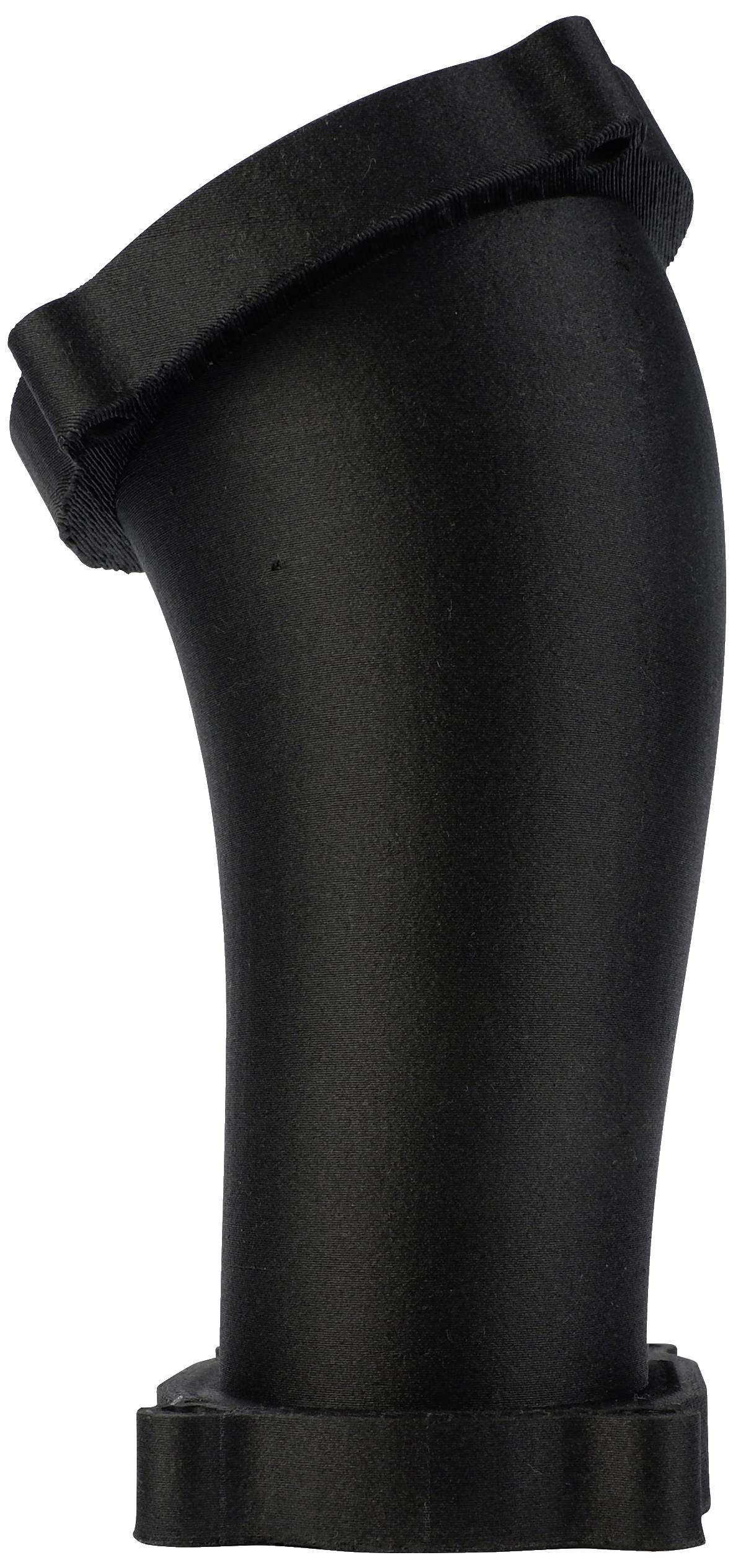 Black, curved plastic component with a vertical ribbed pattern, likely a technical part or adapter.