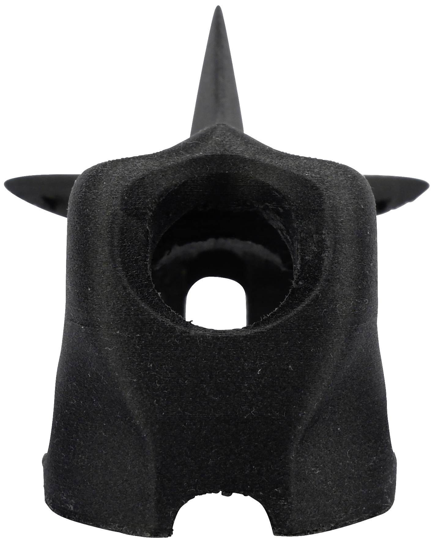 A black helmet with a long, pointed horn and two side spikes, viewed from the front.