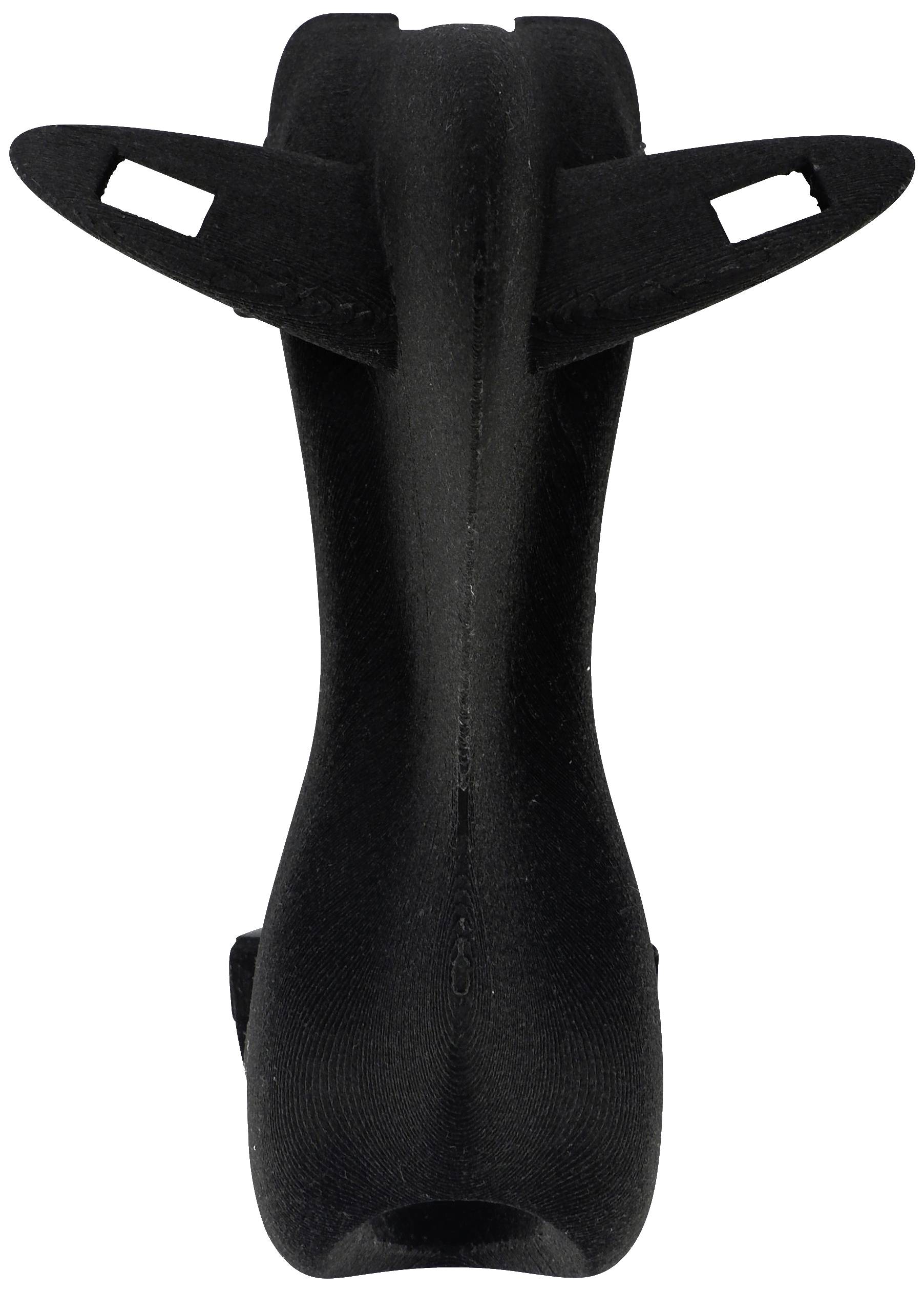 A black, aerodynamically shaped object with wing-like protrusions on its upper surface, potentially a technical component.