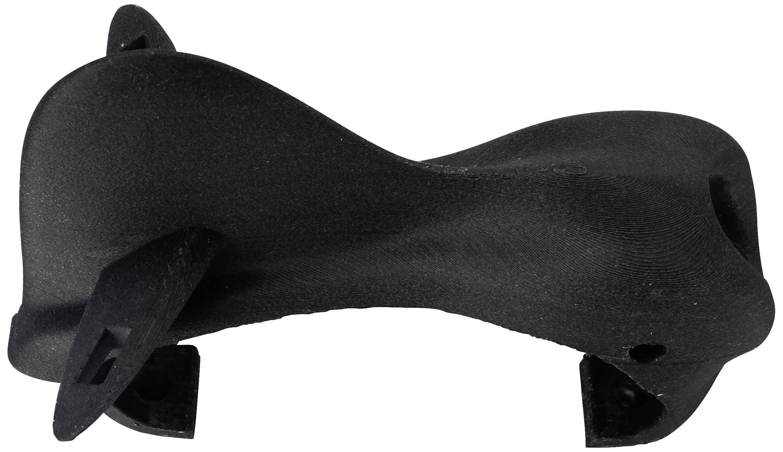 A black, curved plastic form with two opposing openings. It looks robust and industrial.