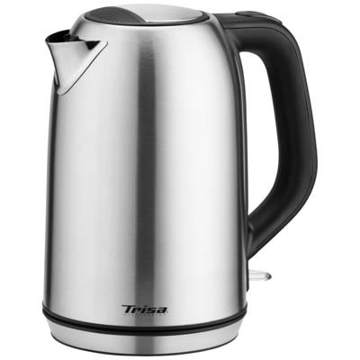 A silver, electric kettle with a black handle and spout.