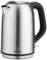 A silver, electric kettle with a black handle and spout.
