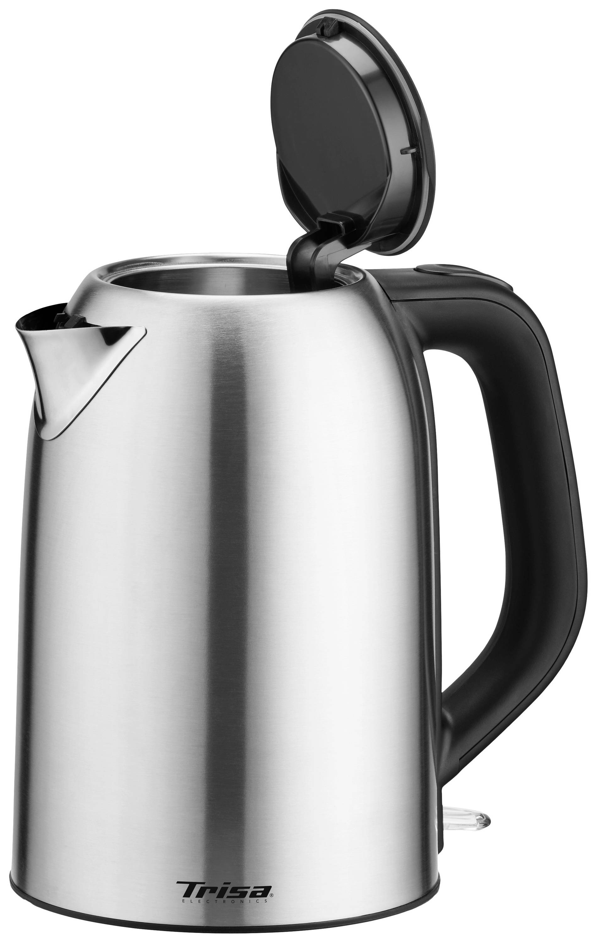 A silver kettle with an open lid, black handle and spout, stands upright. Brand name visible at the bottom front.