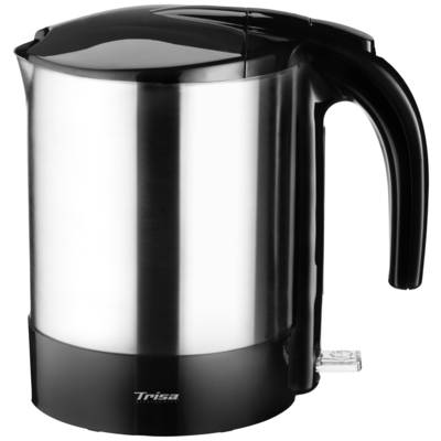 Electric kettle made of stainless steel with a black handle and base. The appliance has a simple, modern design.