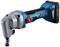 A cordless, blue Bosch power tool, model number 'GNA 18V-16', for metalworking, with a red button and battery at the end.