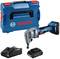A blue Bosch cordless mincer with a charger and battery placed beside it, in front of a blue tool case.