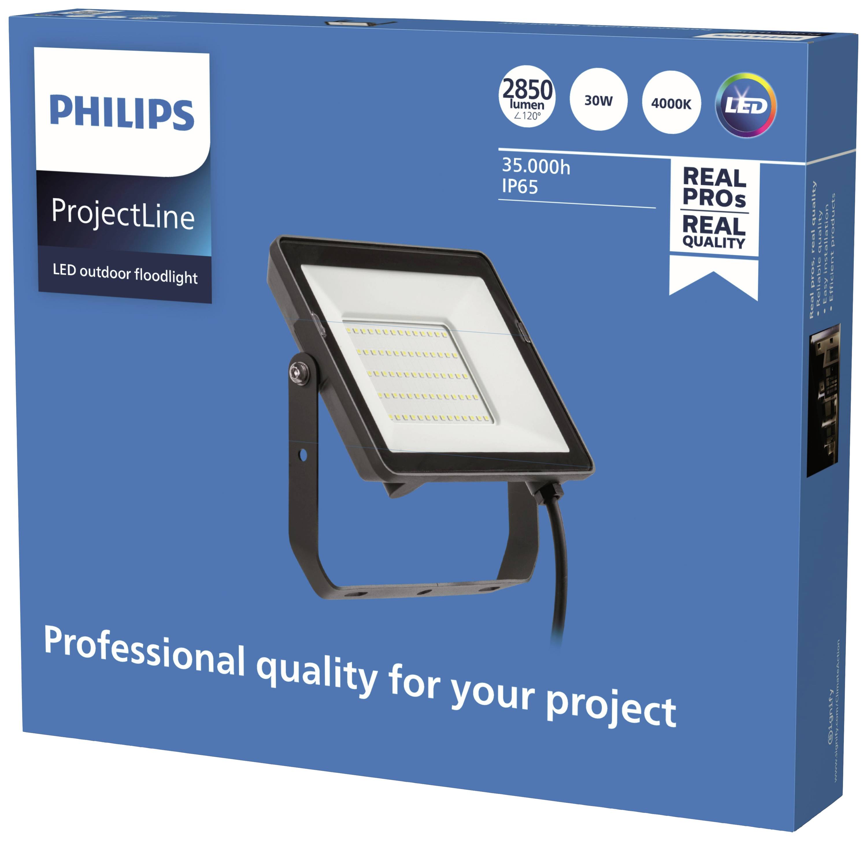 The packaging shows a Philips LED outdoor floodlight from the ProjectLine series with 2,850 lumens, 30 watts, 4000K, IP65, 35,000 hours of life.