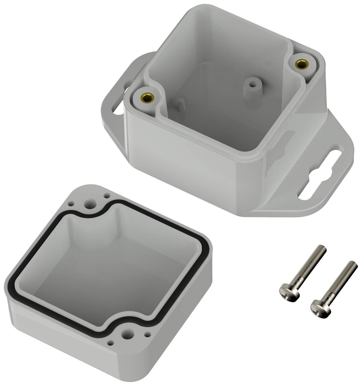 A two-part, grey plastic enclosure with screws. Open at the top, suitable for electronic components.