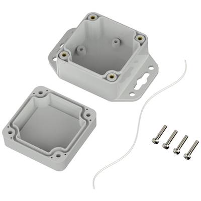 A grey, rectangular plastic enclosure, opened. Four screws and a sealing ring are positioned beside it. Suitable for electronic assembly.