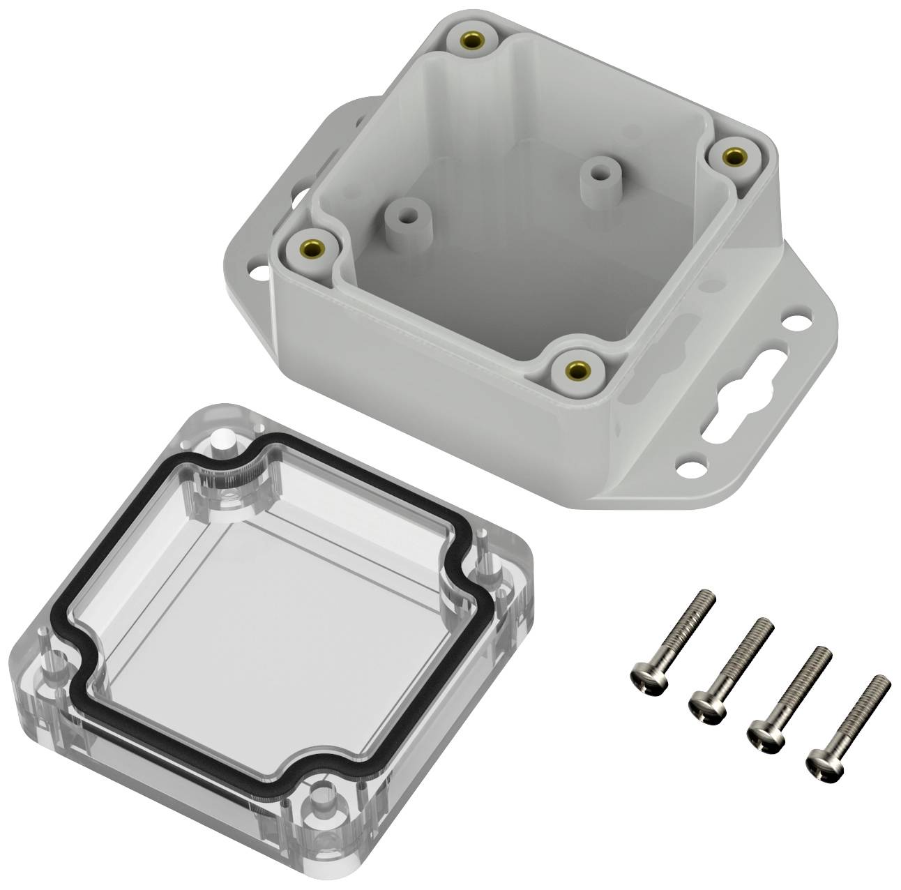 A rectangular plastic enclosure with a removable, transparent lid and four screws, suitable for small electronic projects.
