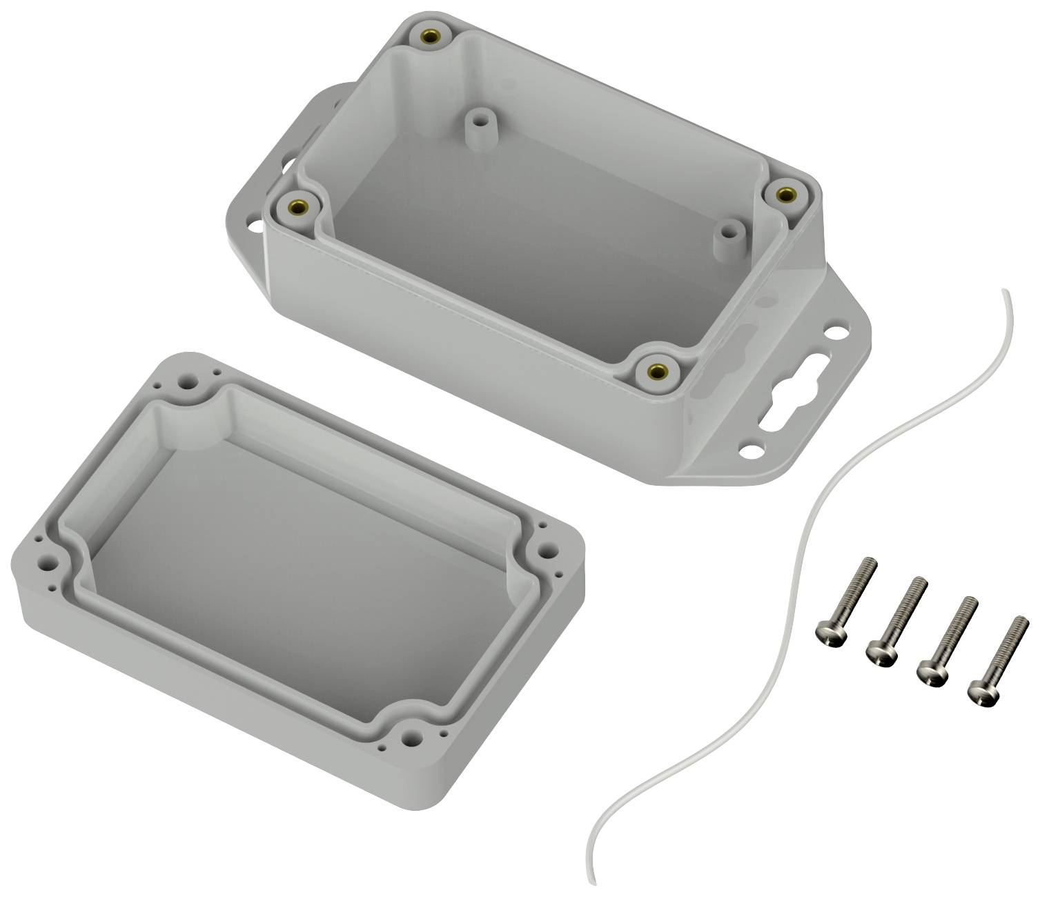 Rectangular plastic enclosure, opened, with screws and sealing cord. Suitable for electronic projects.