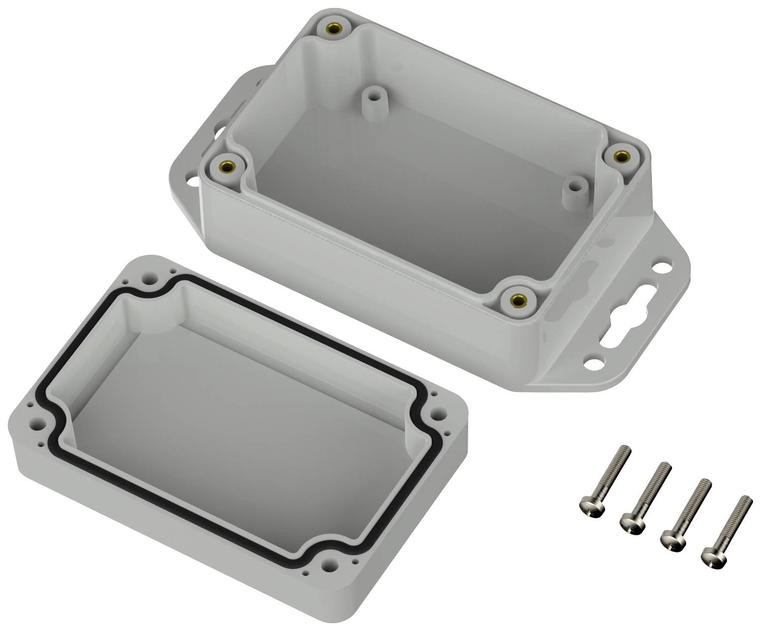 Rectangular grey plastic enclosure with removable cover, sealing and four screws. Suitable for electronic applications.