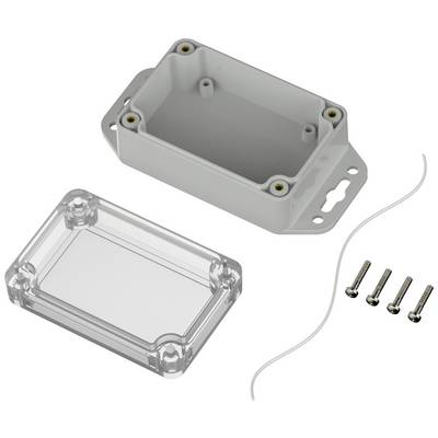 Grey rectangular plastic casing with a removable transparent lid, four screws, and a thin white sealing line.